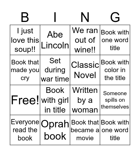 Book Club Friendsgiving Bingo Card