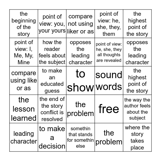 Story Elements of Fiction Bingo Card