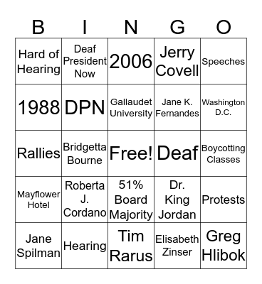 Deaf President Now Bingo Card