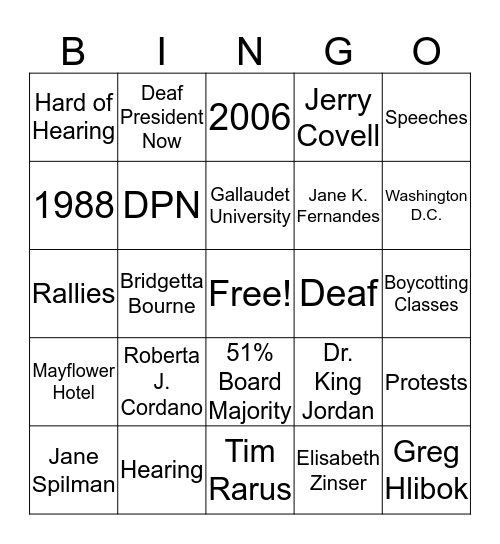 Deaf President Now Bingo Card