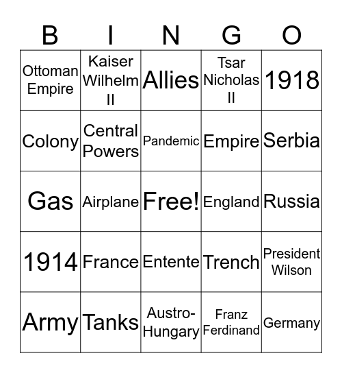 WW I Bingo Card