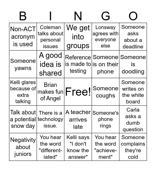 Faculty Meeting Bingo Card