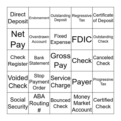 Checking and Savings Bingo Card