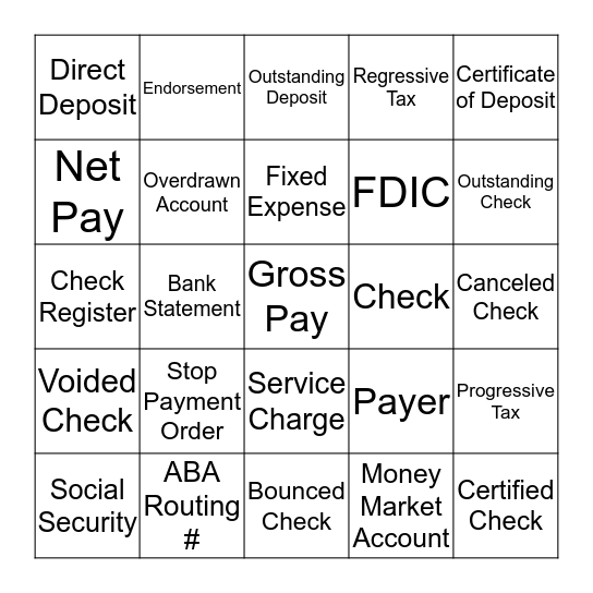 Checking and Savings Bingo Card