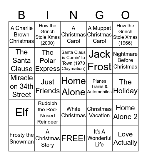 HOLIDAY MOVIE BINGO Card