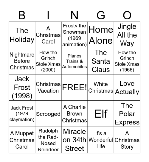 HOLIDAY MOVIE BINGO Card