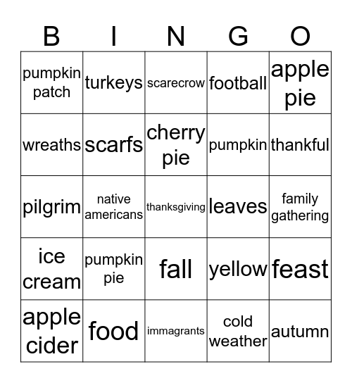 thanksgiving Bingo Card