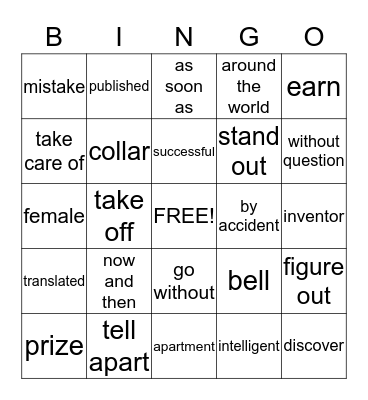 English Reading Bingo Card