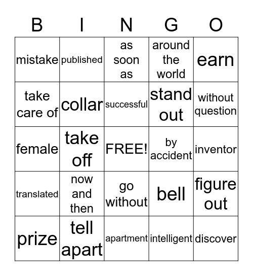 English Reading Bingo Card