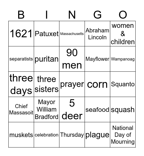 The First Thanksgiving Bingo Card