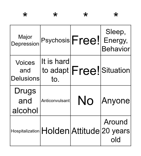 Bipolar and Psychotic Depression Bingo Card