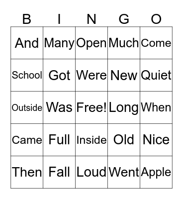 Words Bingo Card