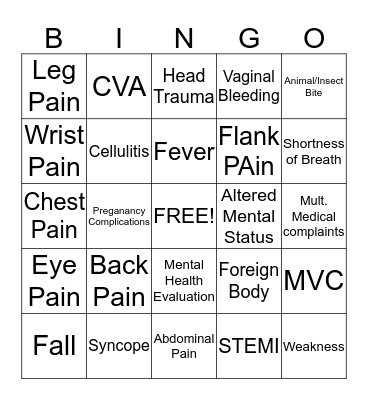 Chief Complaint Bingo Card