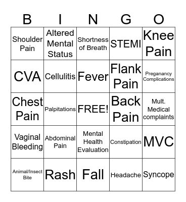 Chief Complaint Bingo Card