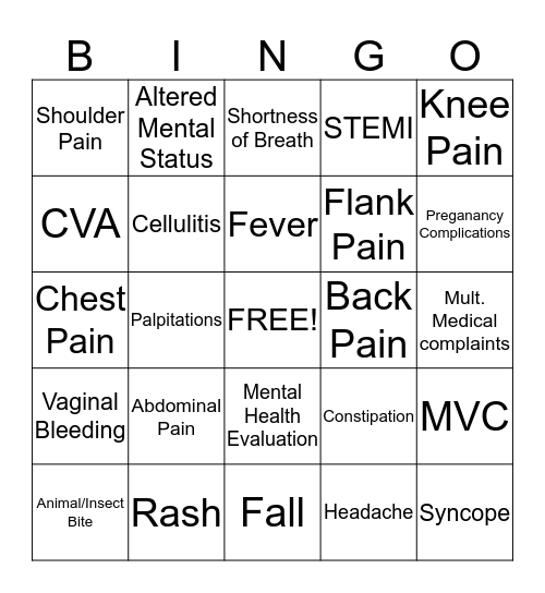 Chief Complaint Bingo Card