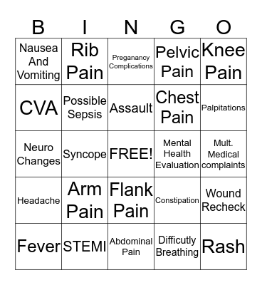 Chief Complaint Bingo Card