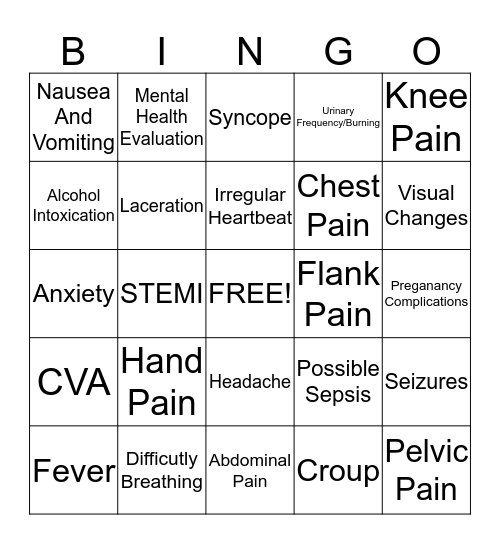 Chief Complaint Bingo Card