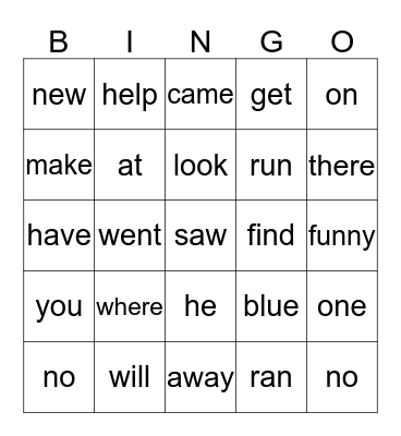 Dolch Words Bingo Card