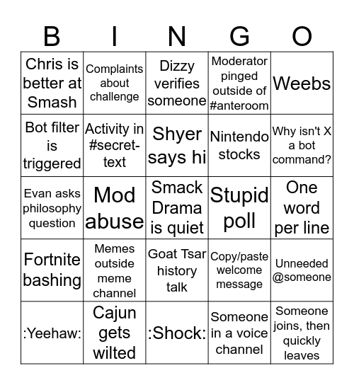 Particular Bingo Card