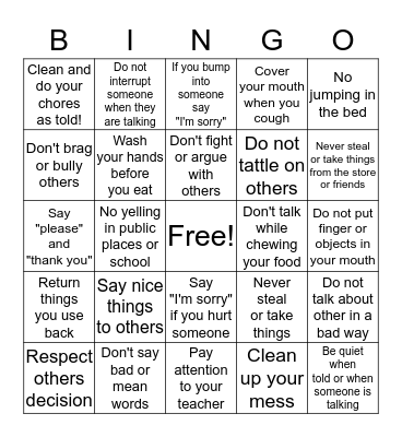 Manners Bingo Card