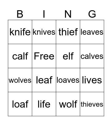 Plural Nouns Bingo Card