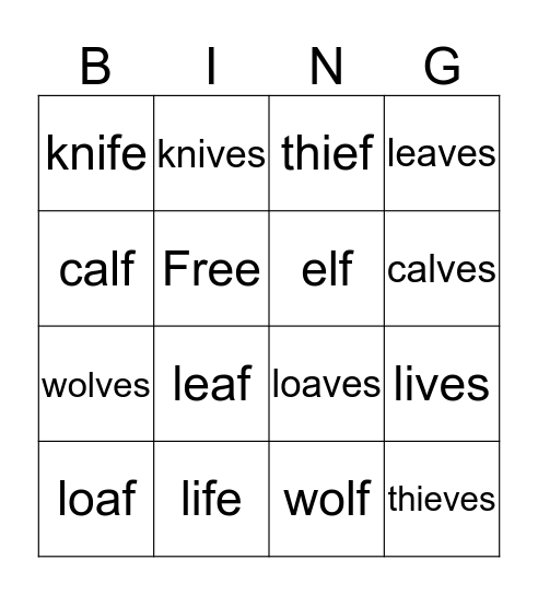 Plural Nouns Bingo Card