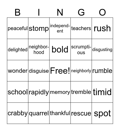 Vocabulary Bingo Card