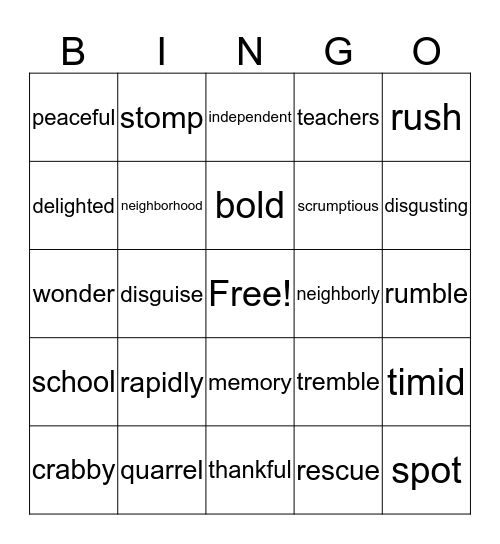 Vocabulary Bingo Card