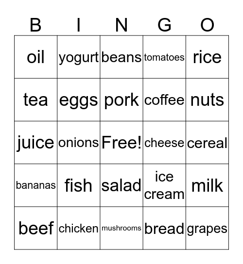 Food Bingo Card