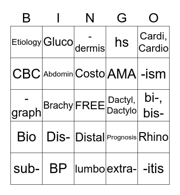 Medical Terminology Bingo Card