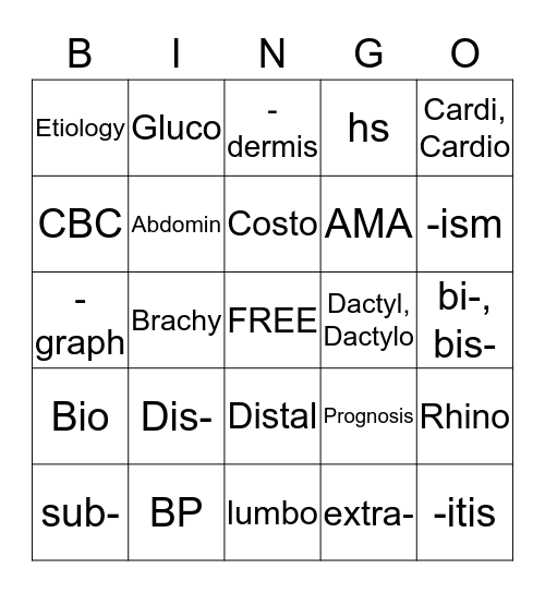 Medical Terminology Bingo Card