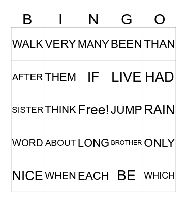 WORD BINGO  Bingo Card