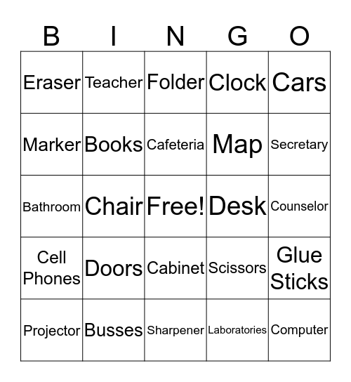 Things Found in a School Bingo Card