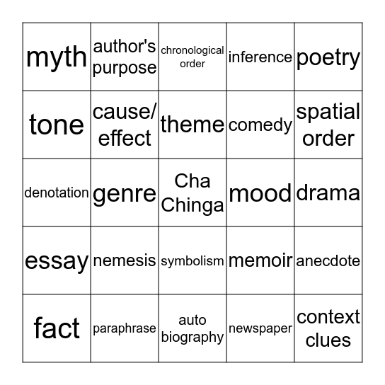 Cha Chinga Bingo Card
