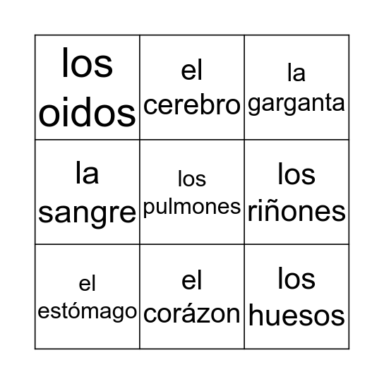 PARTES DEL CUERPO Bingo Card