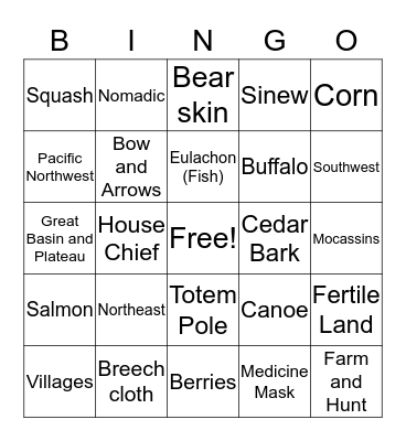 Native American/Fall Bingo Card