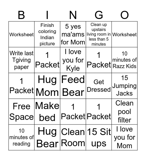 Behavior Bingo Card