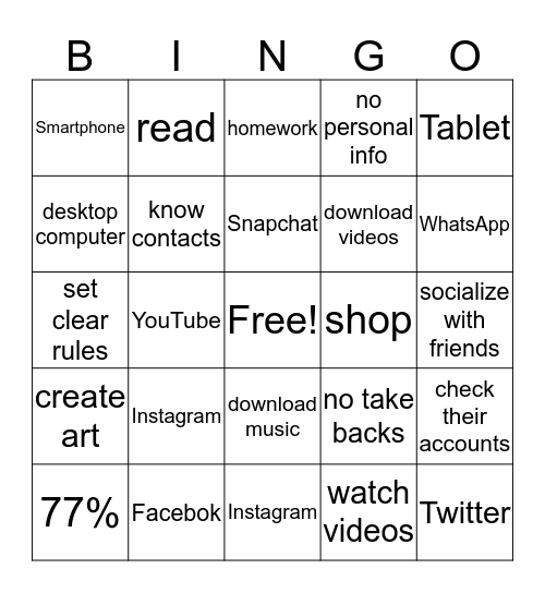 Internet Safety Bingo Card