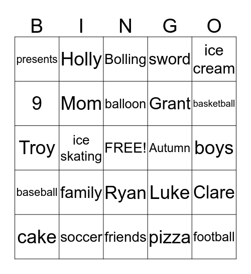 Ryan Bday Bingo Card