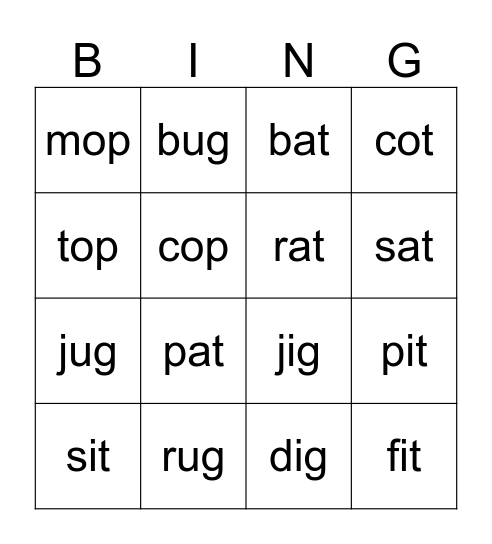 Fat Cat Sat Bingo Card