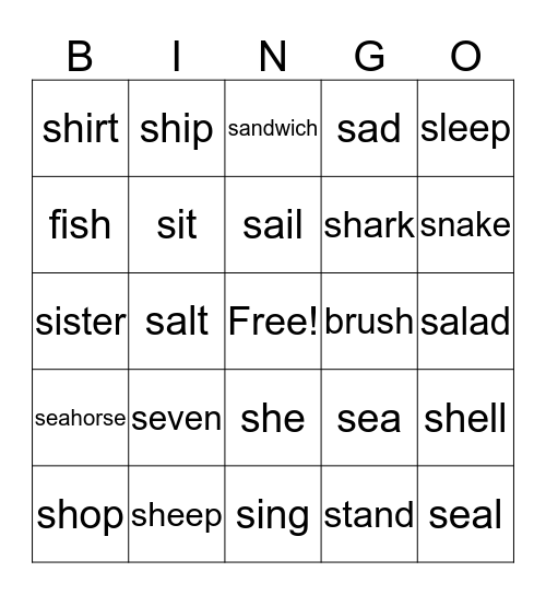 S and SH Bingo Card