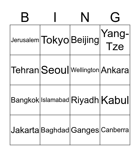 Asia and Oceania Capitals Bingo Card