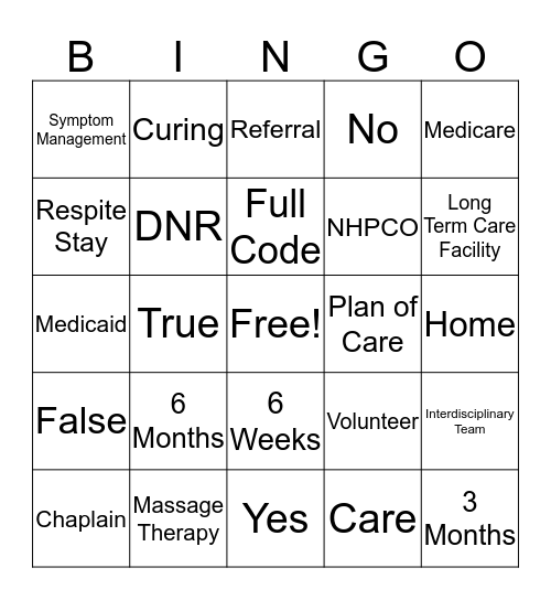 HOSPICE 101 Bingo Card