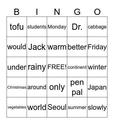 Different Places  Bingo Card