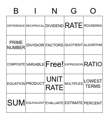 MATH VOCAB Bingo Card