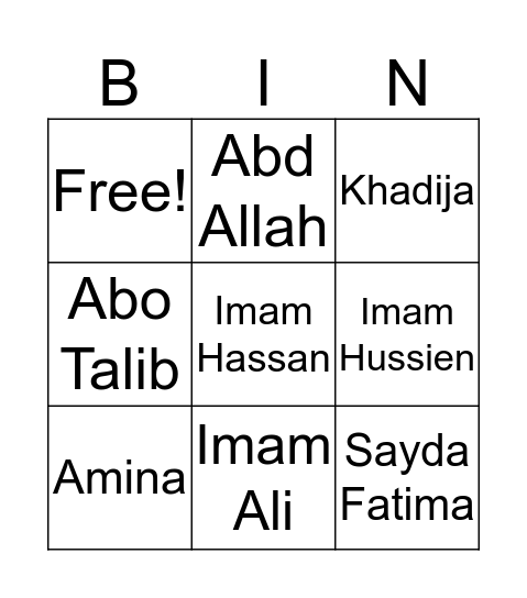 Prophet Muhammad (s) Bingo Card