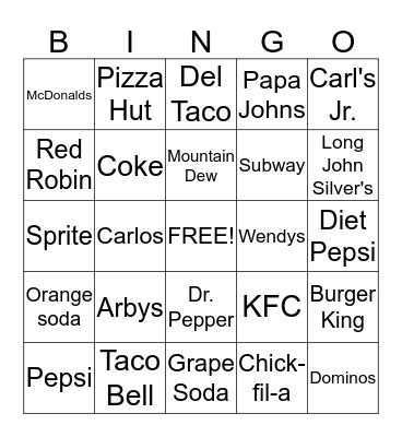 Fast Food Favorites Bingo Card