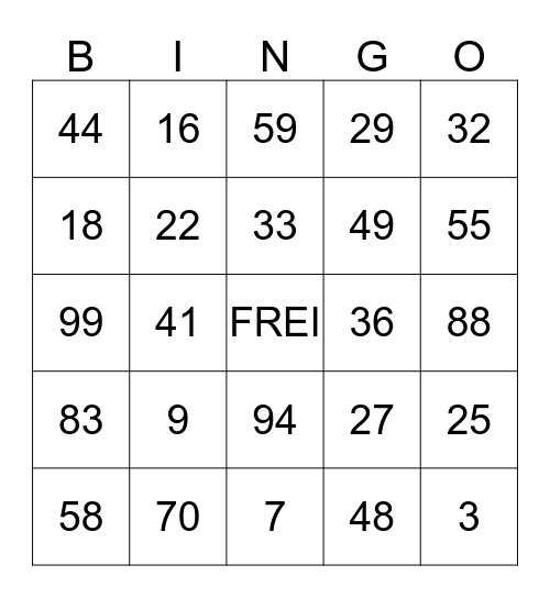 Zahlen Bingo Card