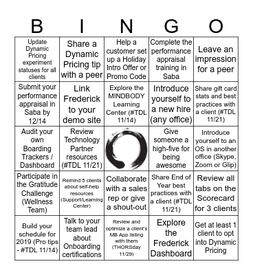 Onboarding Bingo - December Bingo Card