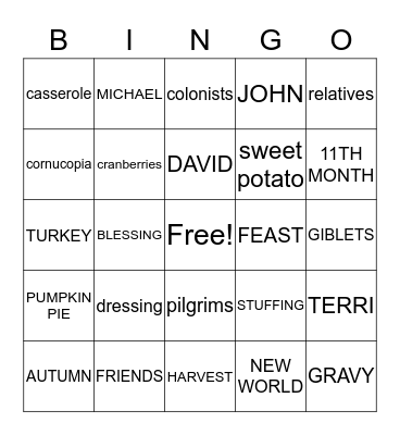THANKSGIVING Bingo Card